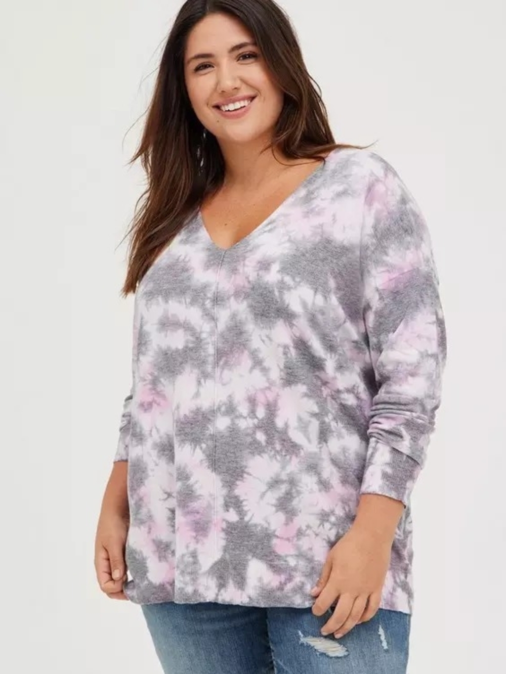 torrid Gray and Pink Tie-Dye V-Neck Sweater - Picture 1 of 8